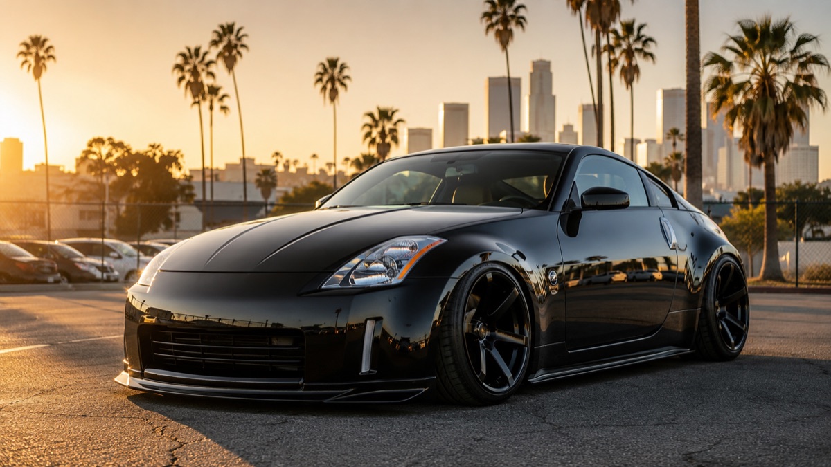 Black Nissan 350Z at sunset