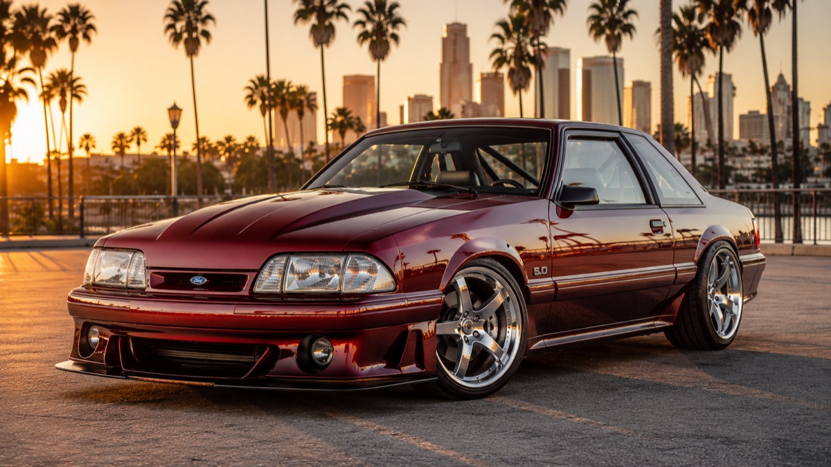 Maroon Ford Mustang Foxbody at sunset