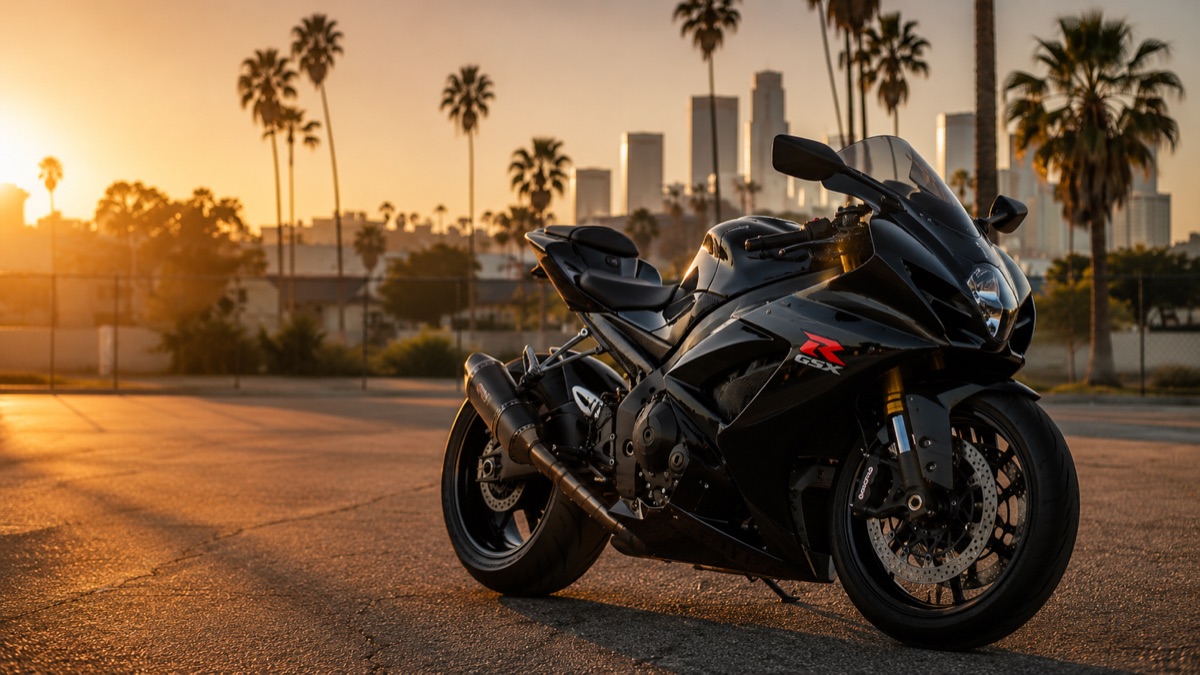Black Suzuki GSX-R motorcycle at sunset
