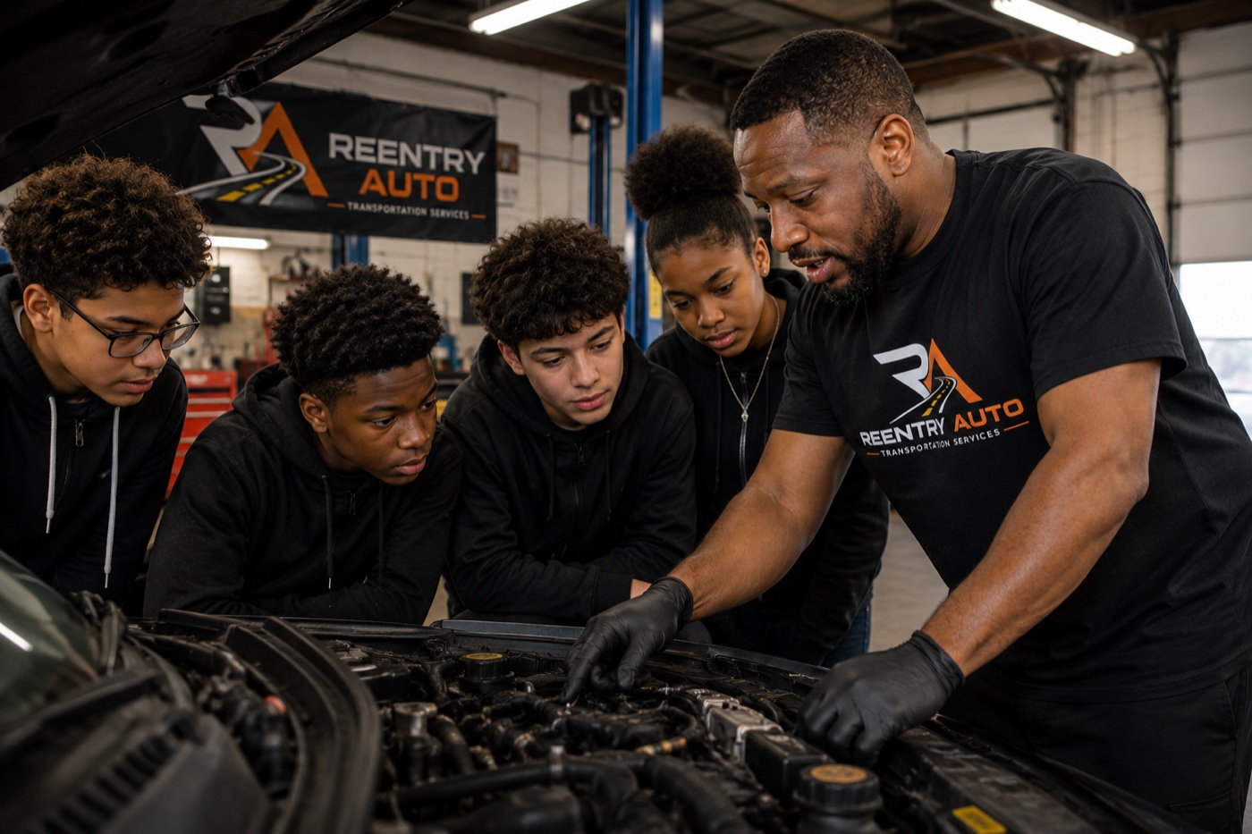An instructor teaching young people to work on an engine