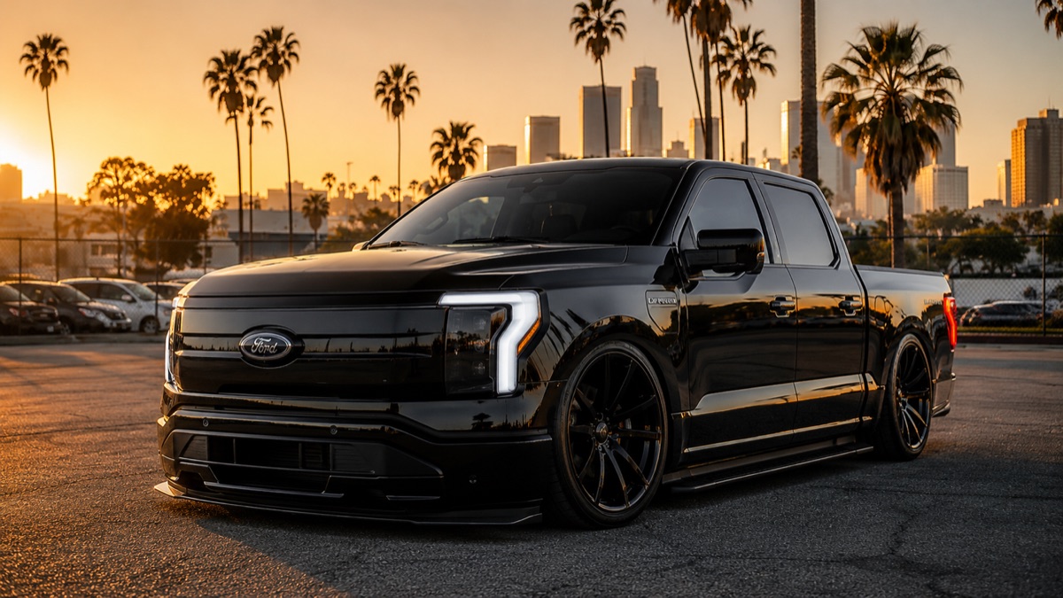 Black Ford F-150 Lightning at sunset